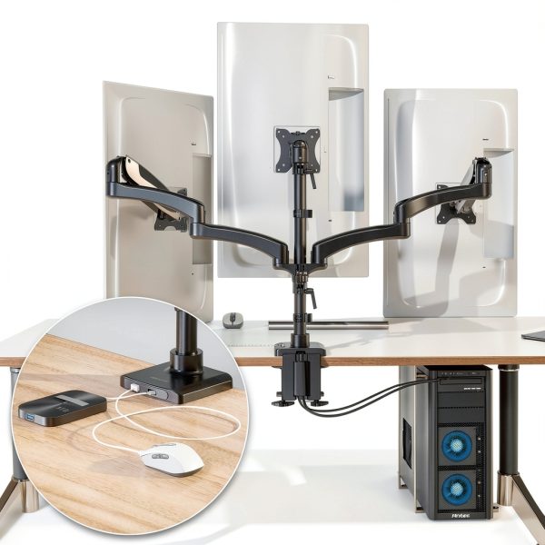Pavo Triple Monitor Mount Gas Spring USB Ports Black White-7