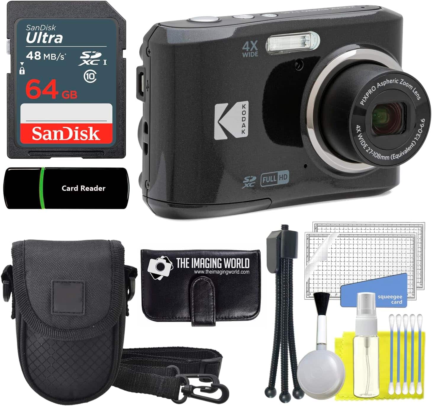 Kodak Pixpro FZ45 camera with accessories displayed on a table