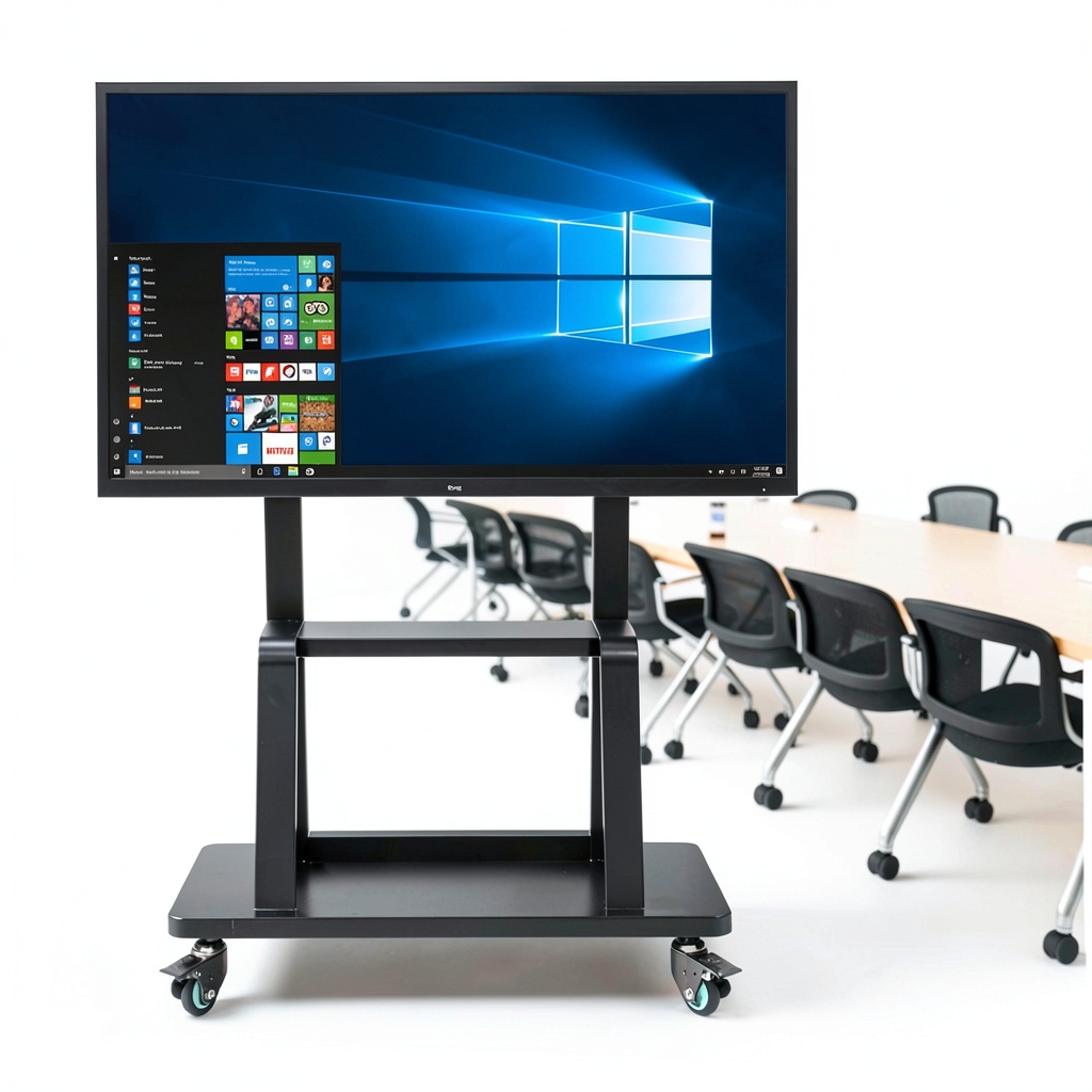 Pavo Mobile TV Cart with metal frame and mid-shelf in a conference room