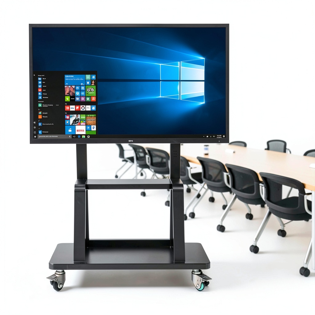 Pavo Mobile TV Cart with display and equipment on mid-shelf