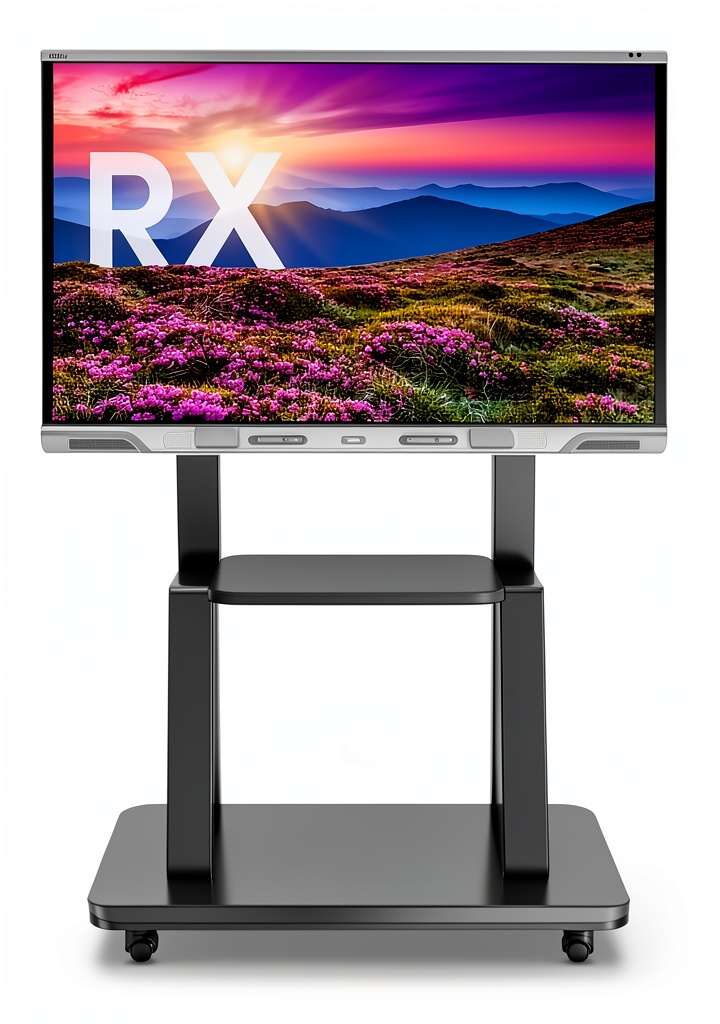 Mobile display cart with metal frame and mid-shelf in a conference room