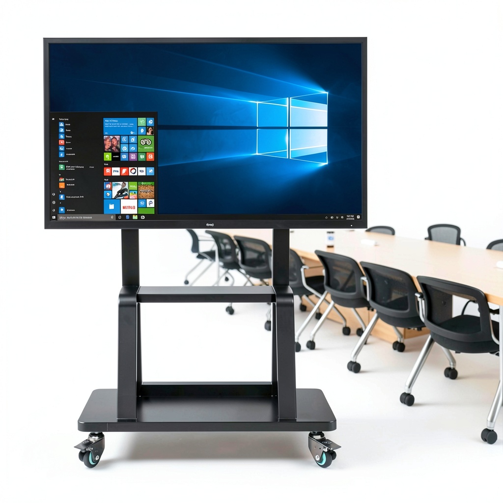 Pavo Mobile TV Cart with mounted display and AV equipment on mid-shelf in office setting