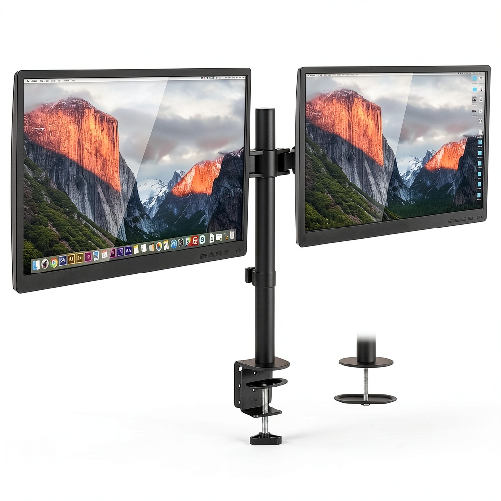 Pavo Dual Monitor Mount installed on a modern office desk