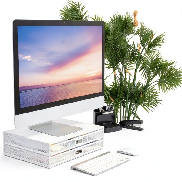 Mesh Monitor Stand Ergonomic Desk Riser with Drawers-1