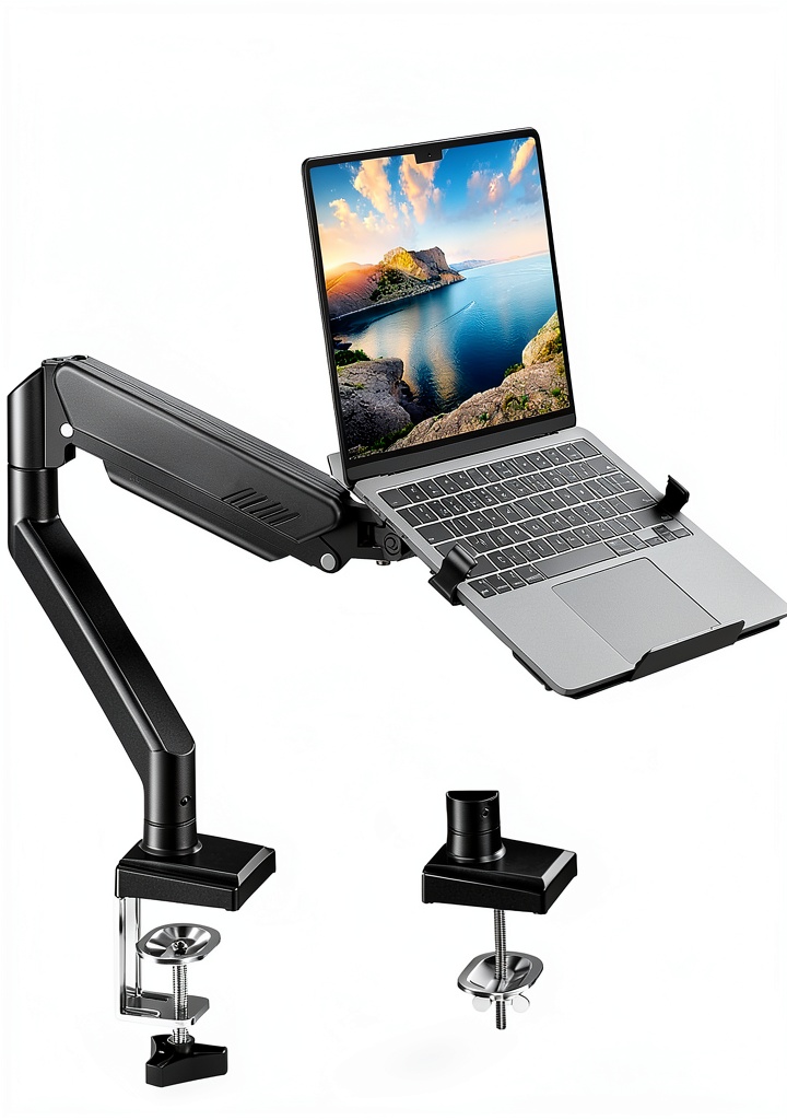 Pavo Laptop Mount showing full range of motion on a modern desk