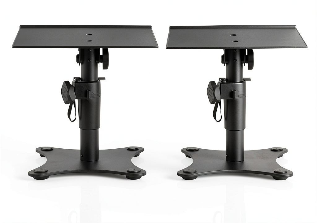 Installing Gator Frameworks Studio Monitor Stands Adjustable Desktop on a wooden desk