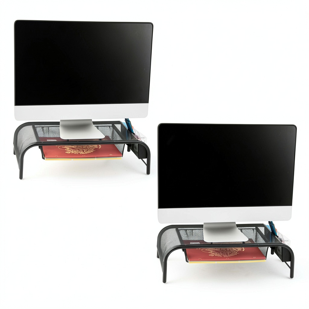 Metal mesh monitor stand with storage compartments on a clean desk