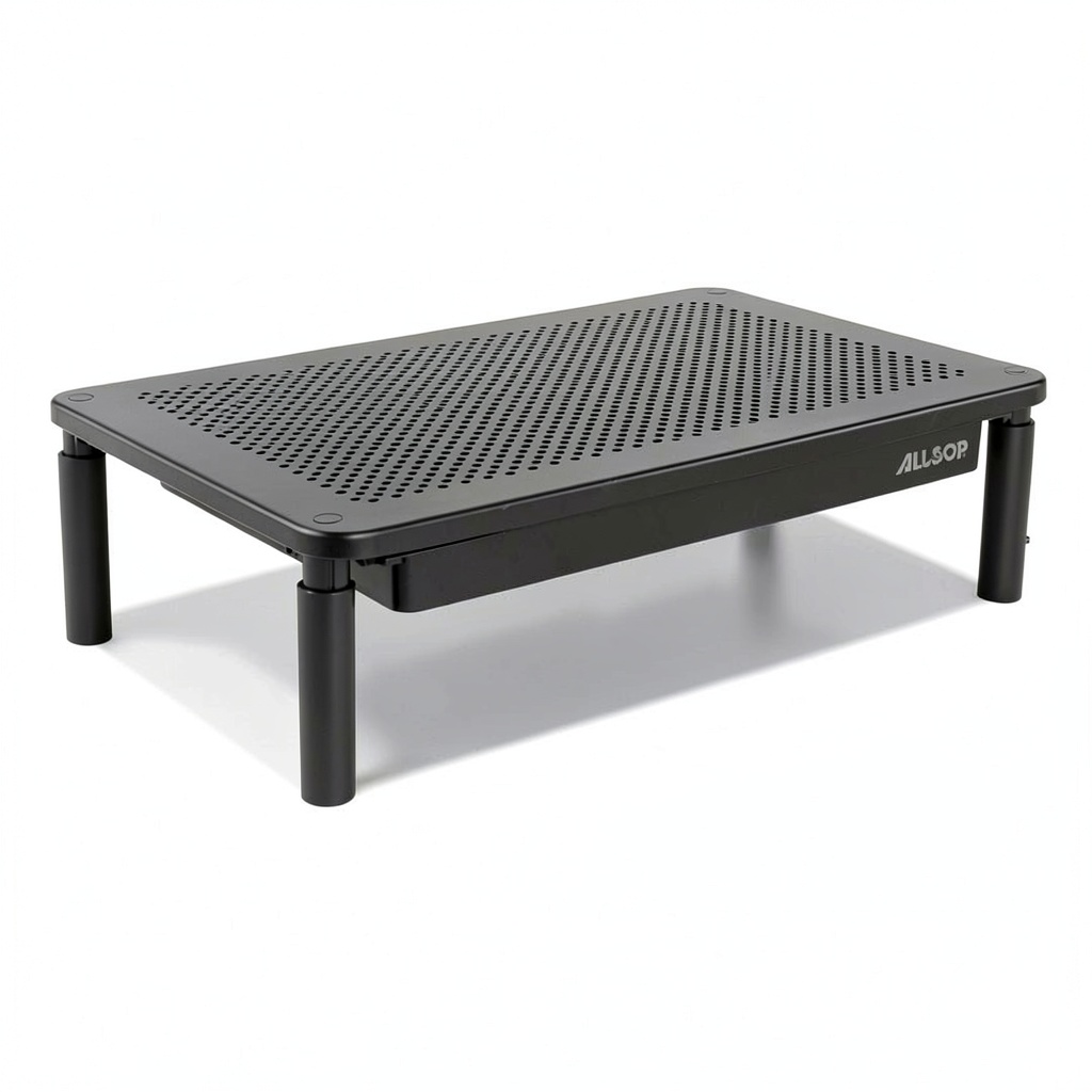 Allsop Metal Art Tri-Level monitor stand on a modern desk