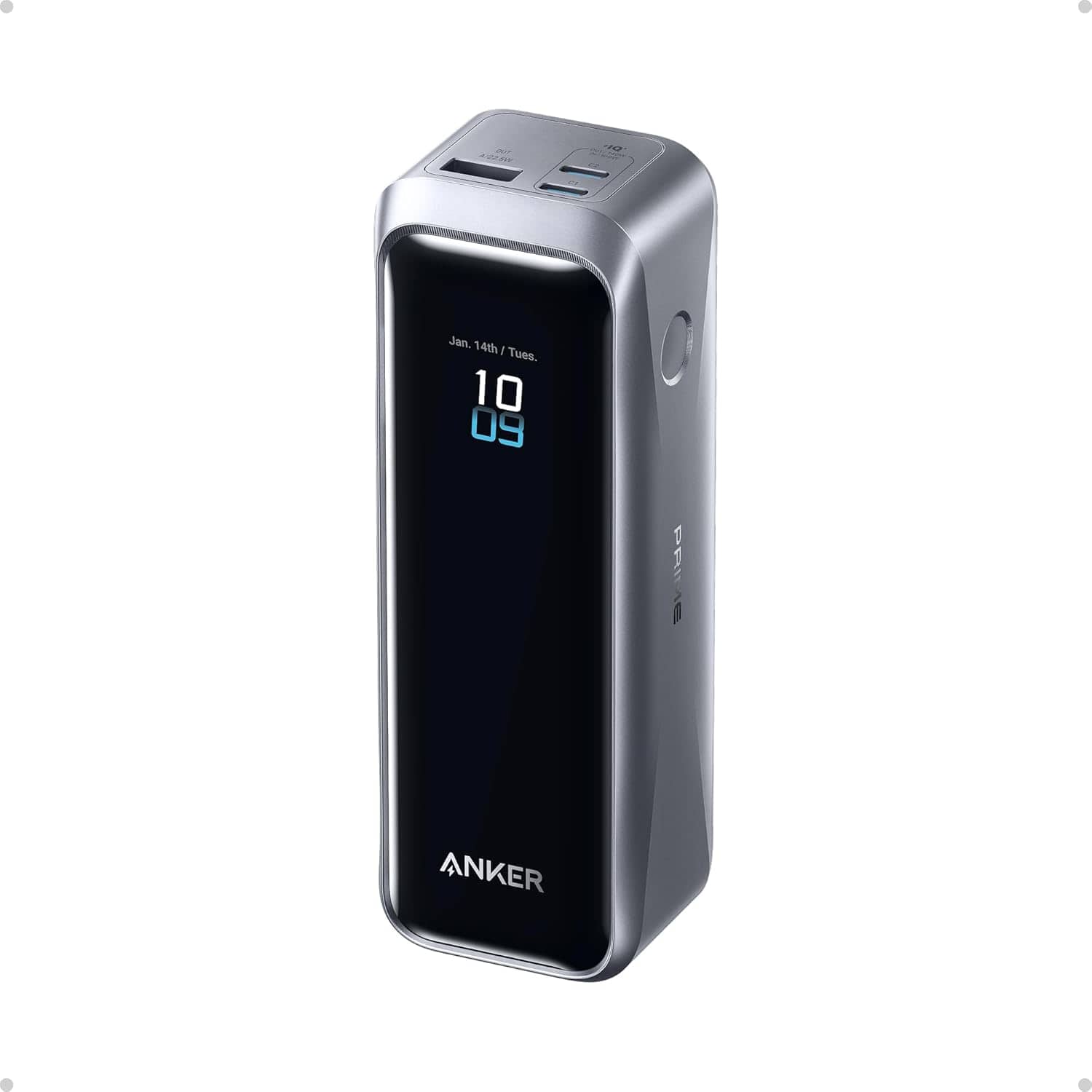 Anker Prime Power Bank displaying ports and LED indicators on a desk