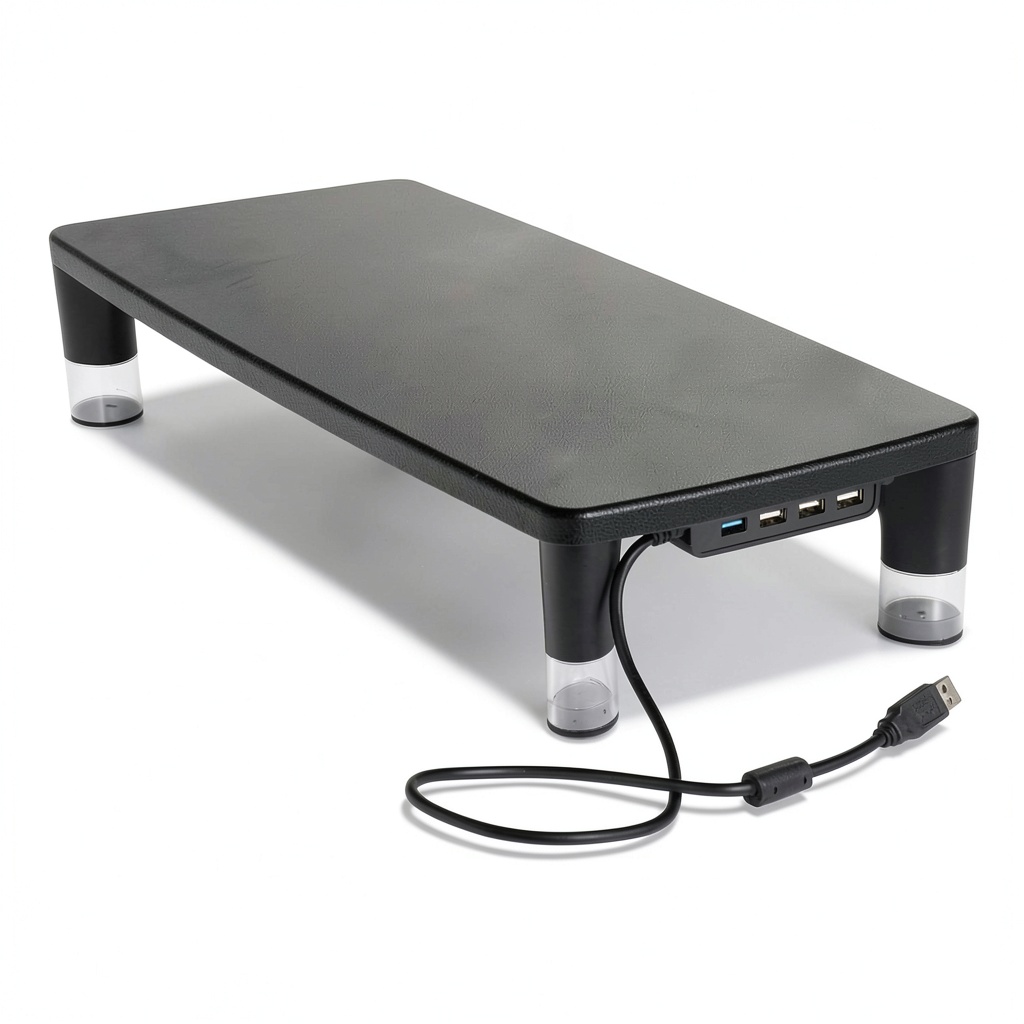 MS100B monitor stand with devices connected on a modern desk