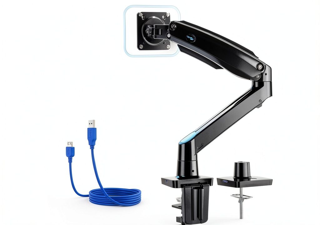 Pavo Monitor Arm displaying adjustable angles on a modern desk