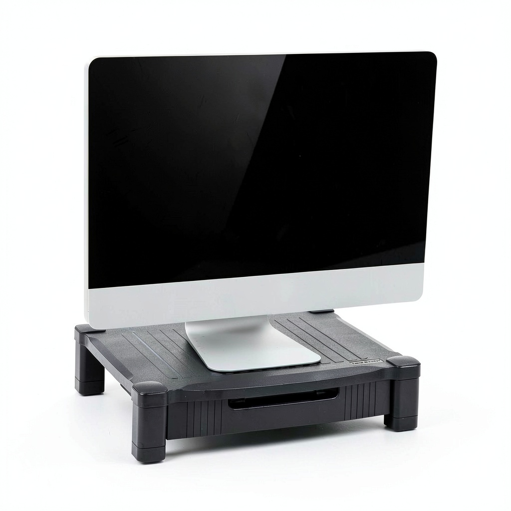 Anchor Collection monitor riser on a cluttered desk showing storage drawer and cable management