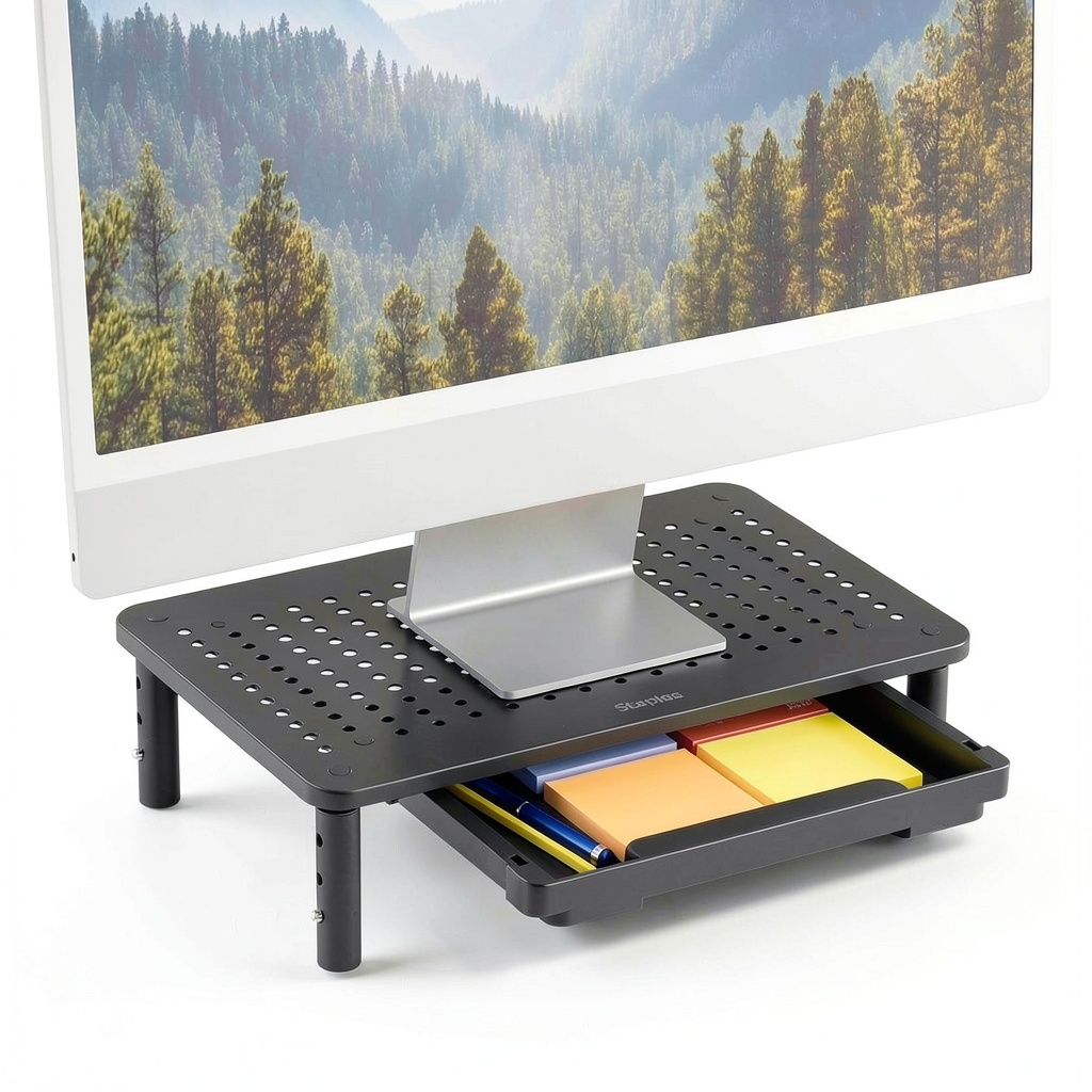 Staples TECH Monitor Stand on a modern office desk