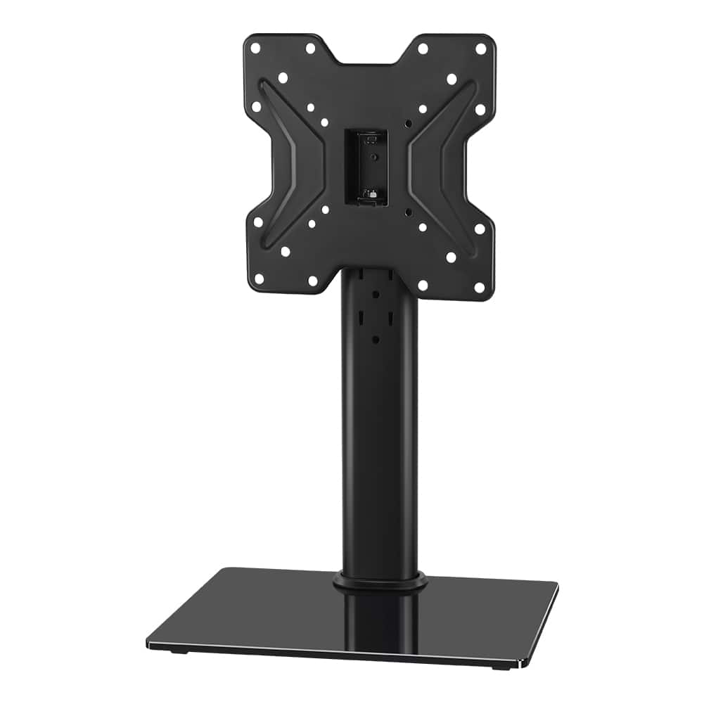 Pavo Desktop TV Mount supporting a 32-inch TV on a wooden desk