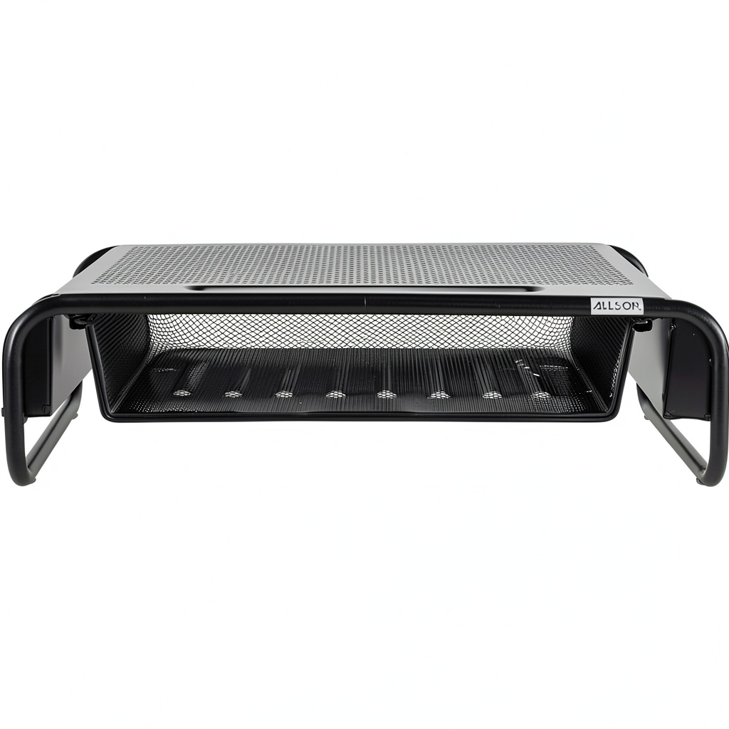 Allsop Monitor Stand on a modern office desk with monitor and supplies