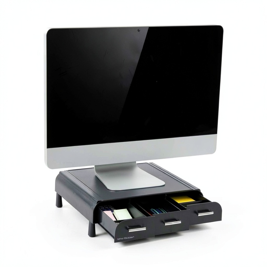 Anchor monitor stand on a cluttered desk showing drawer organization