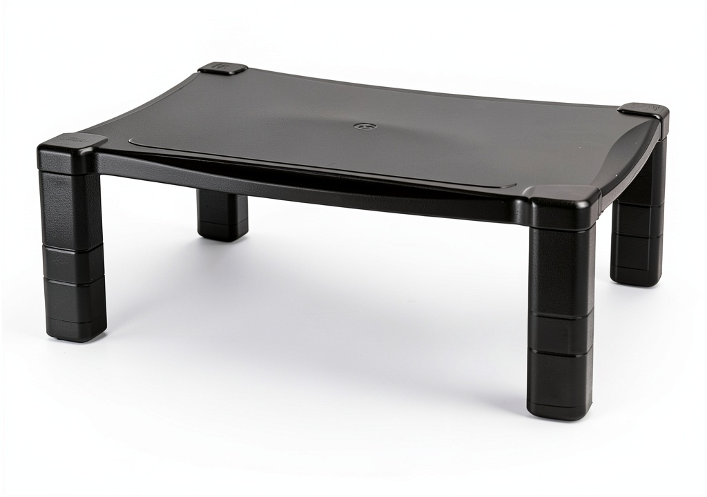 Kantek monitor stand on a cluttered desk showing cable management