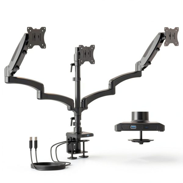 Pavo Triple Monitor Mount Gas Spring USB Ports Black White-9