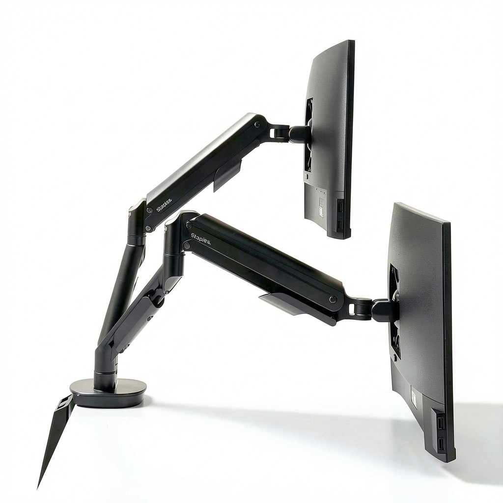Staples TECH Dual Monitor Arm mounted on a modern office desk