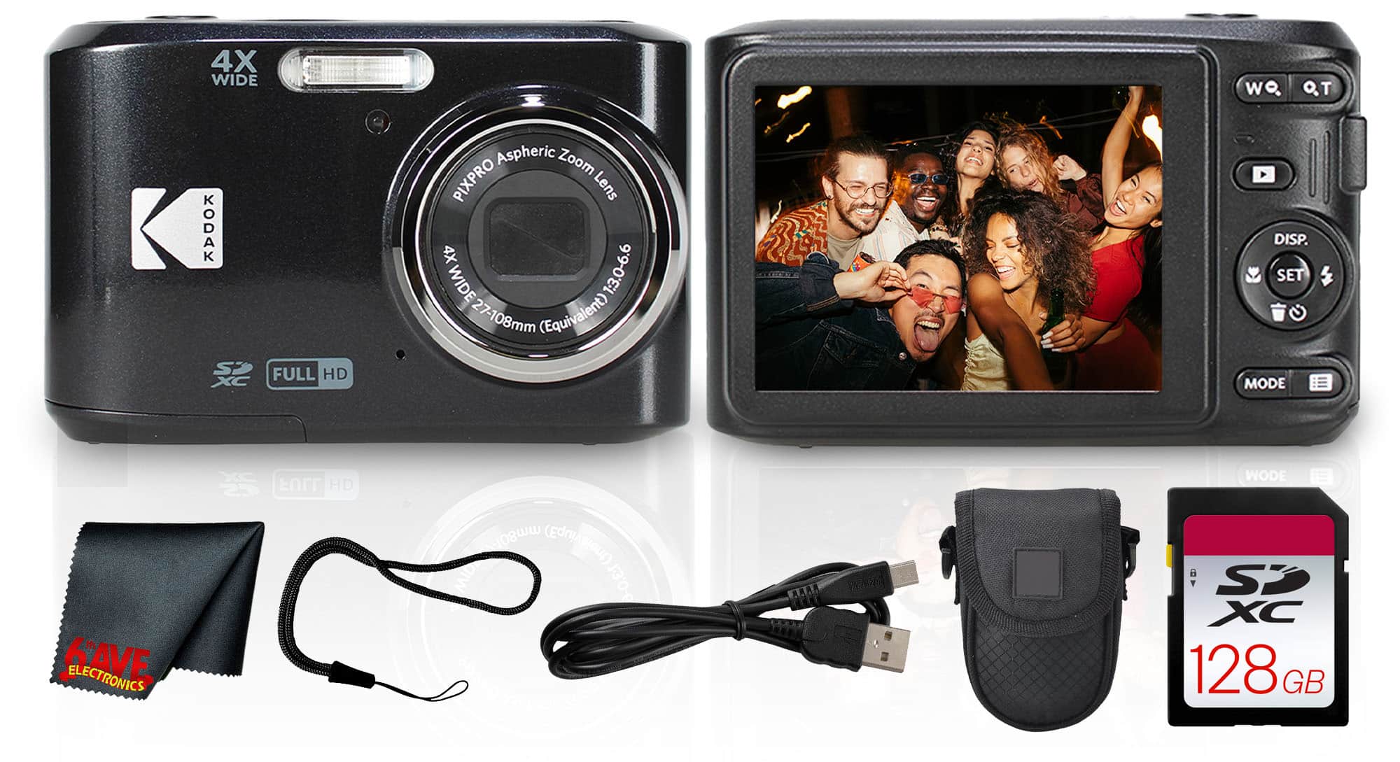 Kodak PIXPRO FZ45 Digital Camera showing compact design and included accessories