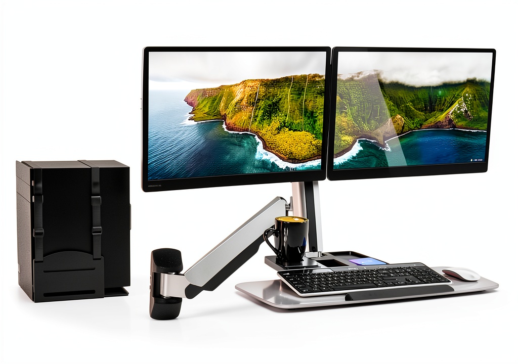 Pavo Dual Monitor Workstation mounted on a wall with monitors in place