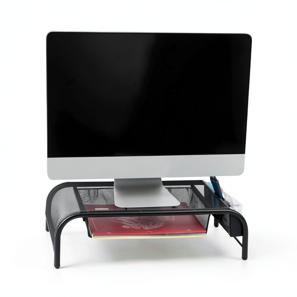 Installing Pavo Monitor Stand Black Silver Ergonomic Metal Mesh Design on a wooden desk