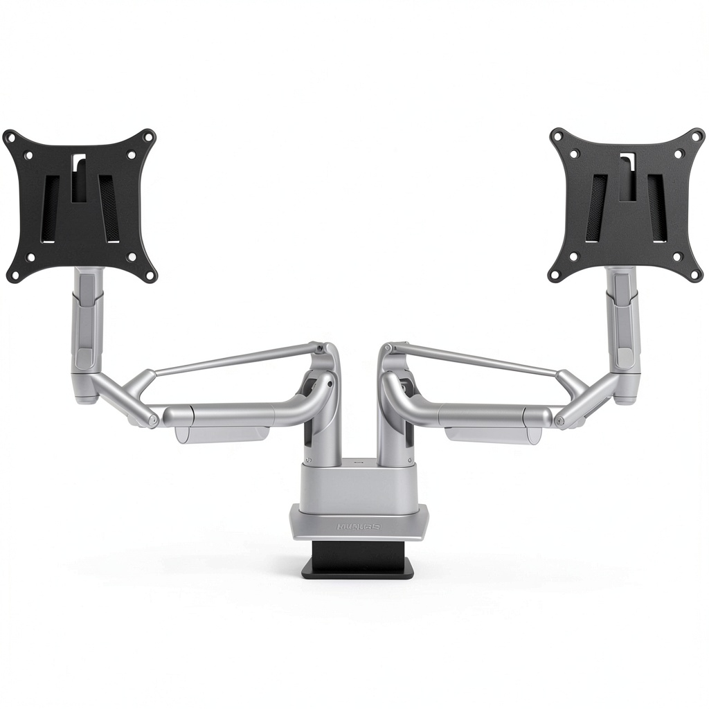 Kanto dual-arm monitor mount installed on a modern desk