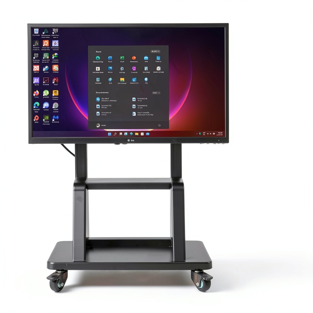 Pavo mobile TV cart with metal frame and mid-shelf in a conference room