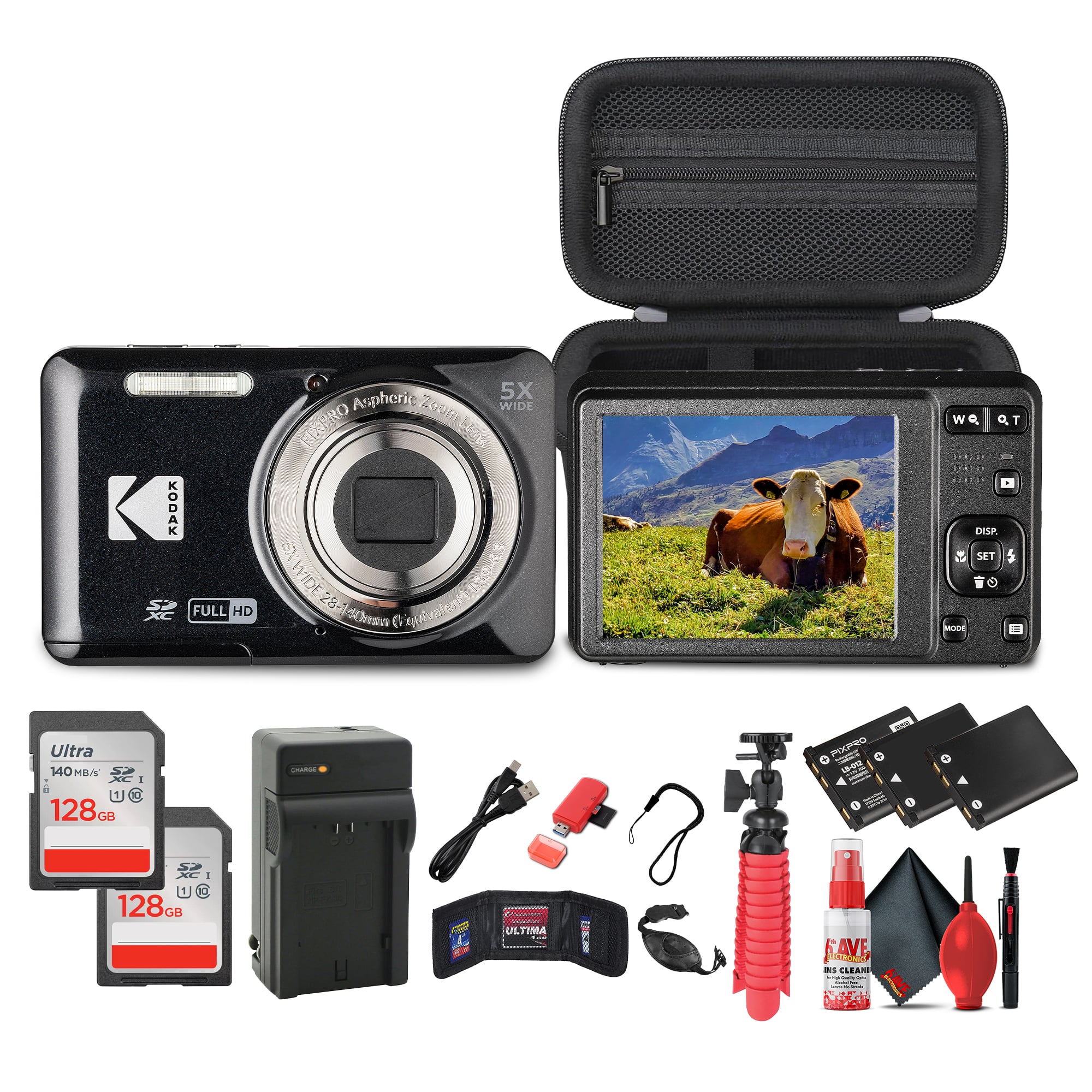 Kodak Pixpro FZ55 digital camera bundle displayed with accessories on a table