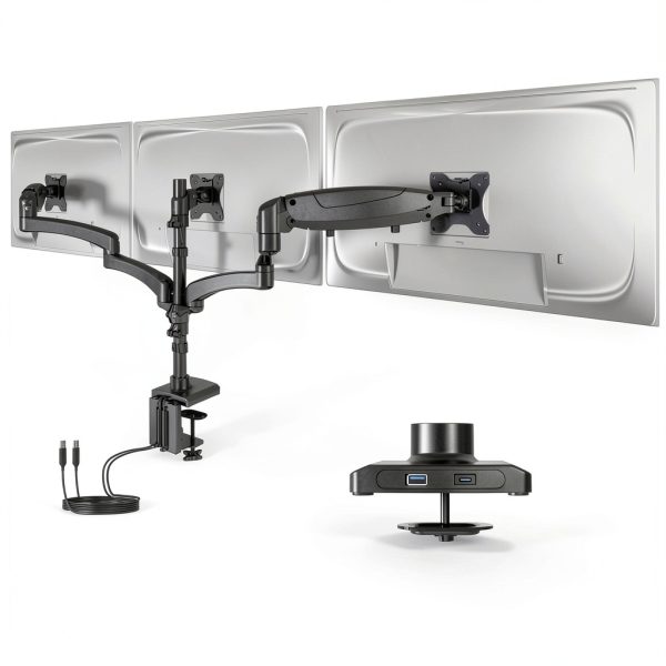 Pavo Triple Monitor Mount Gas Spring USB Ports Black White-0