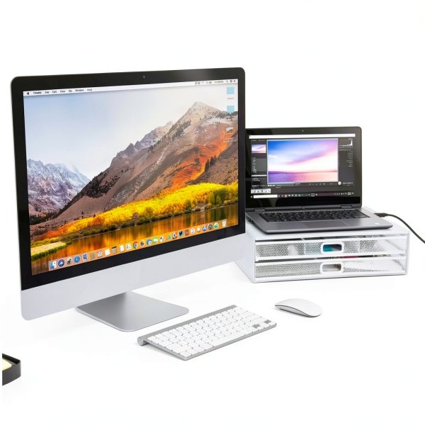 Mesh Monitor Stand Ergonomic Desk Riser with Drawers-2